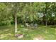 Secluded backyard fire pit surrounded by trees and seating, perfect for cozy outdoor gatherings and relaxation at 174 Bellingshire Dr, Mt Ulla, NC 28125