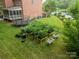 Backyard with garden beds, lush lawn, and a black metal fence at 2004 Viscount Dr, Matthews, NC 28104