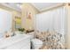 Bathroom features a vanity, floral shower curtain, and plenty of space at 4321 Timberwood Dr, Gastonia, NC 28056