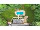 Aerial view showcases a private backyard with a pool, firepit, lush landscaping, and outdoor living spaces at 6006 Casswell Cir, Matthews, NC 28104
