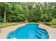 Inviting inground pool surrounded by lush landscaping and a tranquil wooded backdrop perfect for backyard enjoyment at 6006 Casswell Cir, Matthews, NC 28104