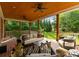 Inviting covered patio featuring stylish outdoor furniture, ceiling fans, and a tranquil view of the manicured backyard at 6242 Creola Rd, Charlotte, NC 28270
