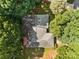 Aerial view of the charming home surrounded by lush green trees with visible roof and backyard at 212 Foxfield Ln, Matthews, NC 28105