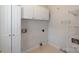 Functional laundry room with white cabinets and shelving for storage and organization at 2619 Merion Hills Ct, Charlotte, NC 28269