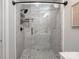 The stunning walk-in shower features marble tile, glass doors, and a rainfall shower head at 8135 Cedar Glen Dr, Charlotte, NC 28212
