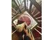 Unique spiral staircase with white railings and wooden banisters descends to the floor below, offering a distinctive architectural detail at 177 Mountain View Ln, Troy, NC 27371
