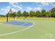 Spacious basketball court with green surface and blue accents, surrounded by lush landscaping and trees at 3969 Sheffield Dr, Charlotte, NC 28205