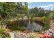 Landscaped backyard featuring a decorative pond with aquatic plants, flowers, and rock border at 920 Terramore Dr, Waxhaw, NC 28173