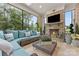 Comfortable sunroom featuring a stone fireplace, mounted tv and plenty of natural light at 920 Terramore Dr, Waxhaw, NC 28173