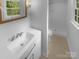 Bathroom features a modern white vanity, a sink, and a sleek tiled shower at 10931 Osprey Dr, Charlotte, NC 28226