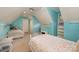 Attic bedroom featuring blue walls, white trim, and natural lighting at 13416 Kintyre Ct, Matthews, NC 28105
