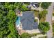Aerial view of the property showcasing the home's layout, pool, lush landscaping, and surrounding neighborhood at 184 Melbourne Dr, Fort Mill, SC 29708