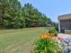 Large, well-maintained backyard with lush lawn, flower beds, tall trees, and a trampoline at 5797 Mcclintock Dr, Denver, NC 28037