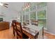 Inviting dining area with a wooden table, large windows offering backyard views, and modern lighting at 10043 Elsenham Ln, Charlotte, NC 28269