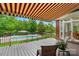 Outdoor deck with awning, pool, manicured landscaping, and patio furniture at 1042 Heather Glen Dr, Matthews, NC 28104