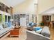 Open living area with soaring ceilings, built-in shelving, and access to the backyard at 106 Boyter Ct, Cramerton, NC 28032