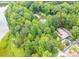 Aerial view of home on a large wooded lot with lake access and lengthy driveway at 2915 Old Stage Rd, Gastonia, NC 28052