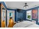 Blue bedroom with storage and closet space, featuring a television at 3035 Florida Ave, Charlotte, NC 28205