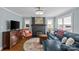 Inviting living room with a brick fireplace, hardwood floors, and a comfortable blue couch at 3035 Florida Ave, Charlotte, NC 28205