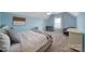 Bright bedroom with blue walls, study desk, soft carpet and natural light from a large window at 510 Placid Ct, Tega Cay, SC 29708