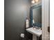 A simple powder room boasts gray walls, decorative mirror, and a pedestal sink at 10925 Lassen Ct, Charlotte, NC 28214