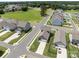 An aerial view shows well maintained homes on small lots with sidewalks in a walkable community at 146 Kerri Dawn Ln, Locust, NC 28097