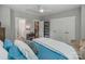 Comfortable bedroom with bright blue comforter and a glimpse into an attached bathroom and closet at 2969 Simpson Dr, Charlotte, NC 28205