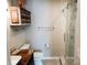 Bathroom featuring glass shower stall and wood vanity with sink at 5017 Celeste Ct, Charlotte, NC 27609