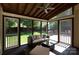 Inviting screened porch with wood ceiling, ceiling fan, and comfortable wicker seating for relaxing outdoors at 6507 Fairway Point Dr, Charlotte, NC 28269