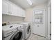 Clean, white laundry room features front loading washer and dryer, door to outside, and tiled floors at 179 Delwood Ct, Mount Gilead, NC 27371
