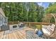 Inviting outdoor wooden deck features stylish seating and peaceful wooded views for relaxing or entertaining at 2222 19Th Ne Ave, Hickory, NC 28601