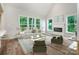 Bright living room featuring an electric fireplace, large windows and stylish modern furniture at 240 Mark Ryan Ln, Dallas, NC 28034