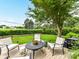 Backyard patio area with manicured lawn and lush landscaping at 2636 Chilton Pl, Charlotte, NC 28207