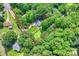 Aerial view outlining property lines, highlighting the secluded property with mature trees and a well-maintained lawn at 5179 Poplar Glen Dr, Matthews, NC 28104