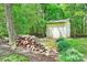 Backyard featuring a shed for storage, a pathway, a woodpile, and surrounded by lush trees at 5179 Poplar Glen Dr, Matthews, NC 28104