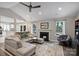 Bright living room featuring vaulted ceilings, fireplace, ceiling fan, and an open floorplan with seamless flow to other living spaces at 5179 Poplar Glen Dr, Matthews, NC 28104