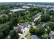 Aerial view highlights a charming neighborhood, blending verdant trees and residential buildings against a cityscape backdrop at 612 Ideal Way, Charlotte, NC 28203