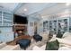 Inviting living room with hardwood flooring, a brick fireplace, and custom built-in shelving at 935 Trentle Ct, Charlotte, NC 28211