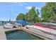 Picturesque dock featuring multiple boats, surrounded by water, trees, and blue skies at 116 Ivy Hollow Ln, Mooresville, NC 28117