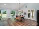 Elegant dining room with hardwood floors, a modern chandelier, and sliding doors to the outdoor patio at 3041 Shallowood Ln, Charlotte, NC 28277