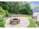 Backyard with a round stone fire pit and manicured landscaping at 5537 Challis View Ln, Charlotte, NC 28226