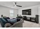 Entertainment room features a ceiling fan, TV and a sofa at 9529 Cotswood Pl, Gastonia, NC 28056