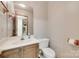 Cozy bathroom featuring a single sink vanity, toilet, mirror, and fixtures at 25056 Timberlake Dr, Fort Mill, SC 29708