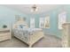 Bright bedroom with light blue walls, white trim, and beach-themed bedding at 3068 Green Acres Ln, Claremont, NC 28610
