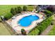 Aerial view of a backyard pool with surrounding patio, lounge chairs, and well-maintained landscaping at 3068 Green Acres Ln, Claremont, NC 28610