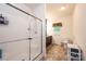 Bathroom featuring glass-enclosed shower and vanity with cabinets at 3659 Vashti Rd, Taylorsville, NC 28681