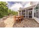 Lovely outdoor dining area featuring wooden table, brick patio, adjacent to enclosed sunroom, and landscaping at 5256 Meadowcroft Way, Fort Mill, SC 29708