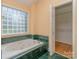 Bathroom featuring a soaking tub, glass block window, and walk-in closet at 908 Haddonfield Dr, Fort Mill, SC 29708