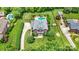 Aerial view of a brick home with pool and landscaped backyard at 3706 Song Sparrow Dr, Matthews, NC 28104