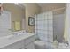 Cozy bathroom with a white vanity, toilet, and shower with a striped curtain at 5238 Prosperity View Dr, Charlotte, NC 28269